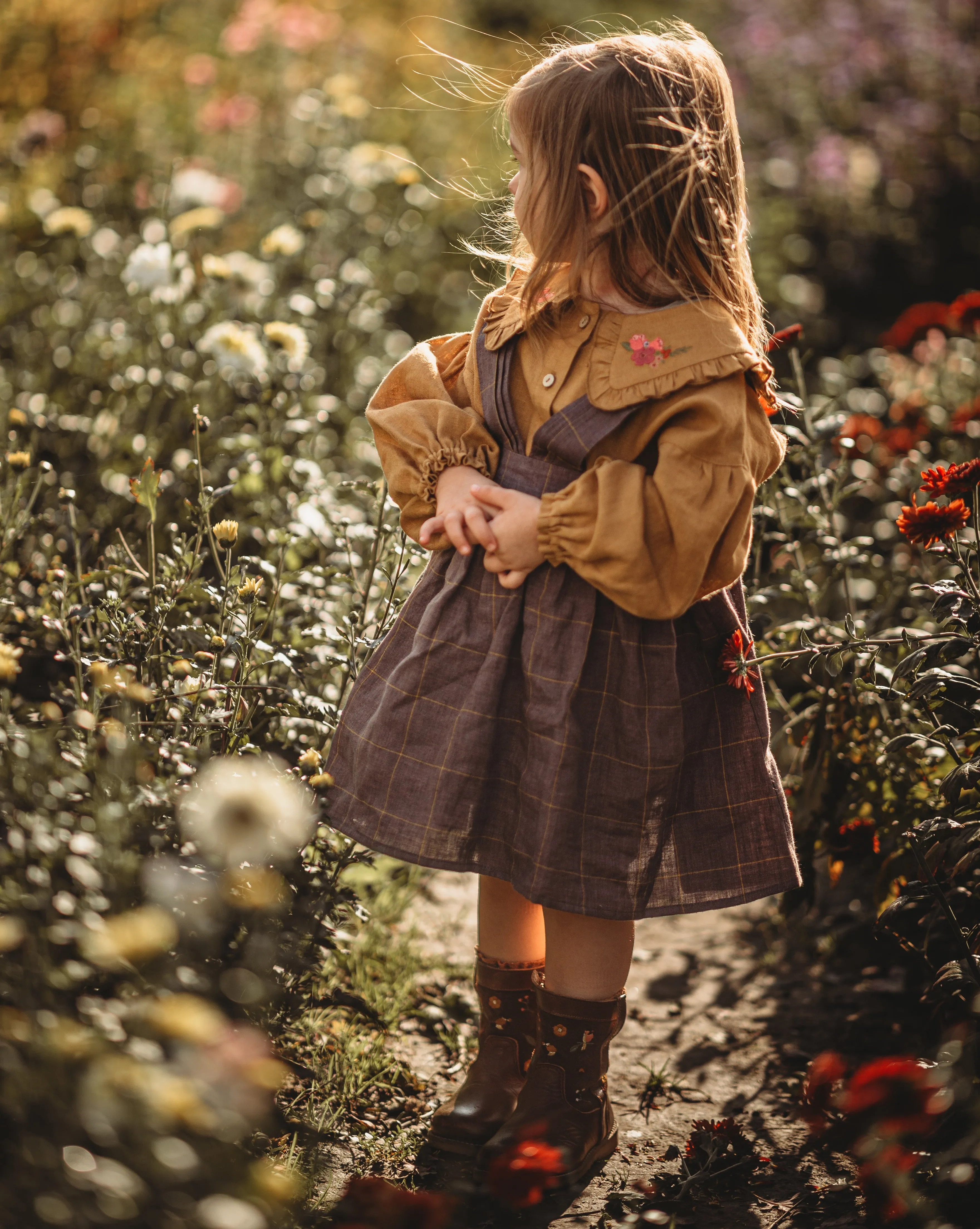 Plum Check Linen Pintuck Straps Pinafore