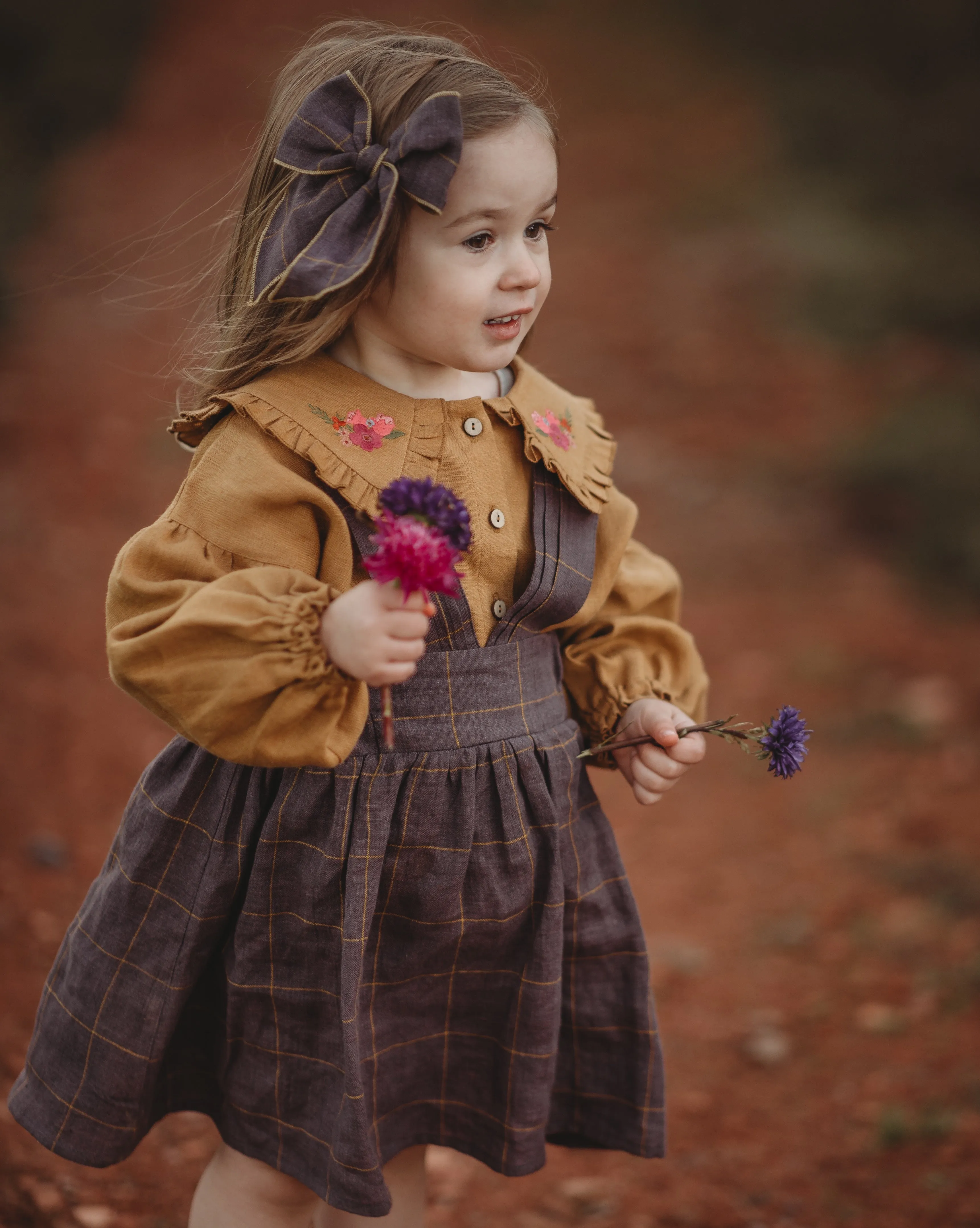 Plum Check Linen Pintuck Straps Pinafore