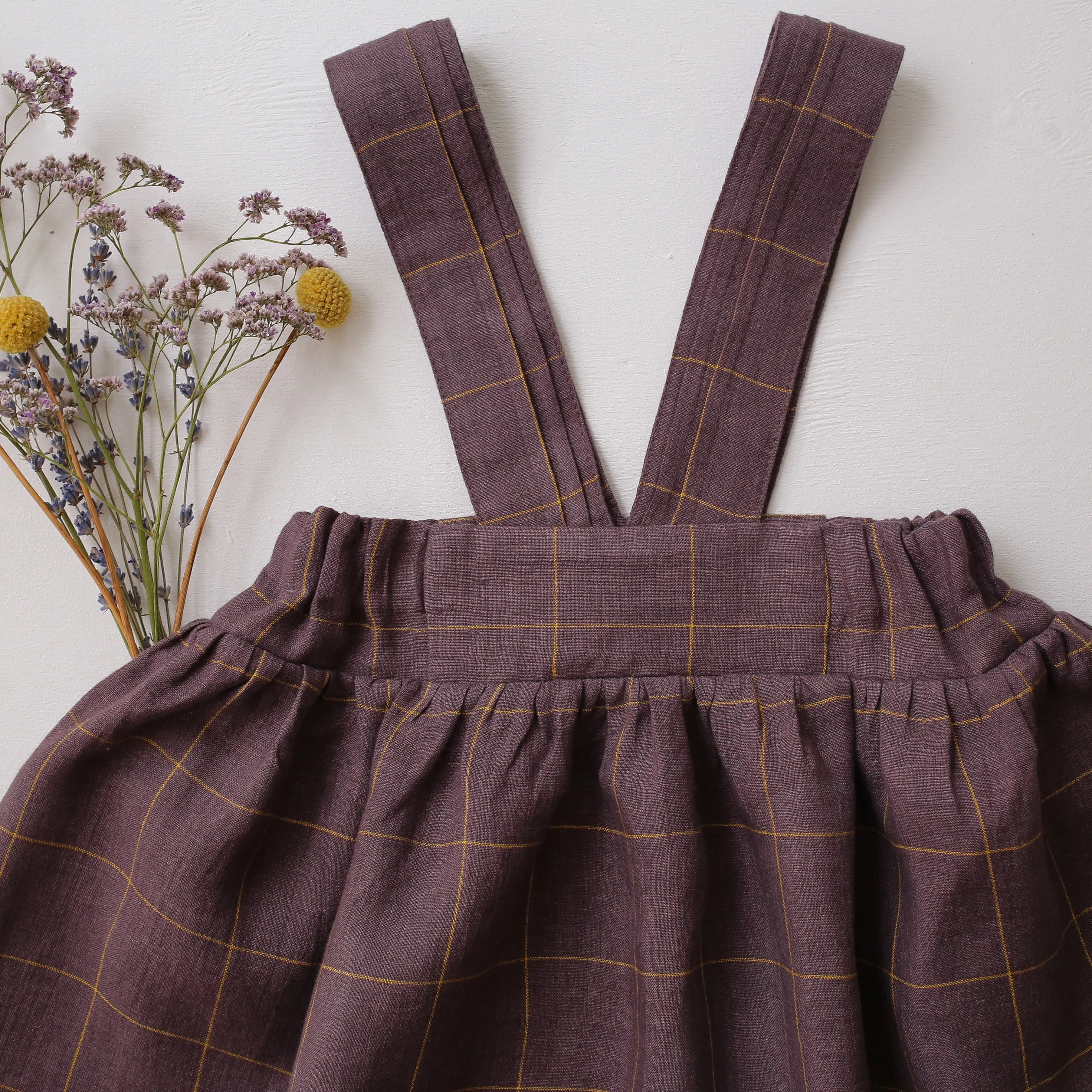 Plum Check Linen Pintuck Straps Pinafore