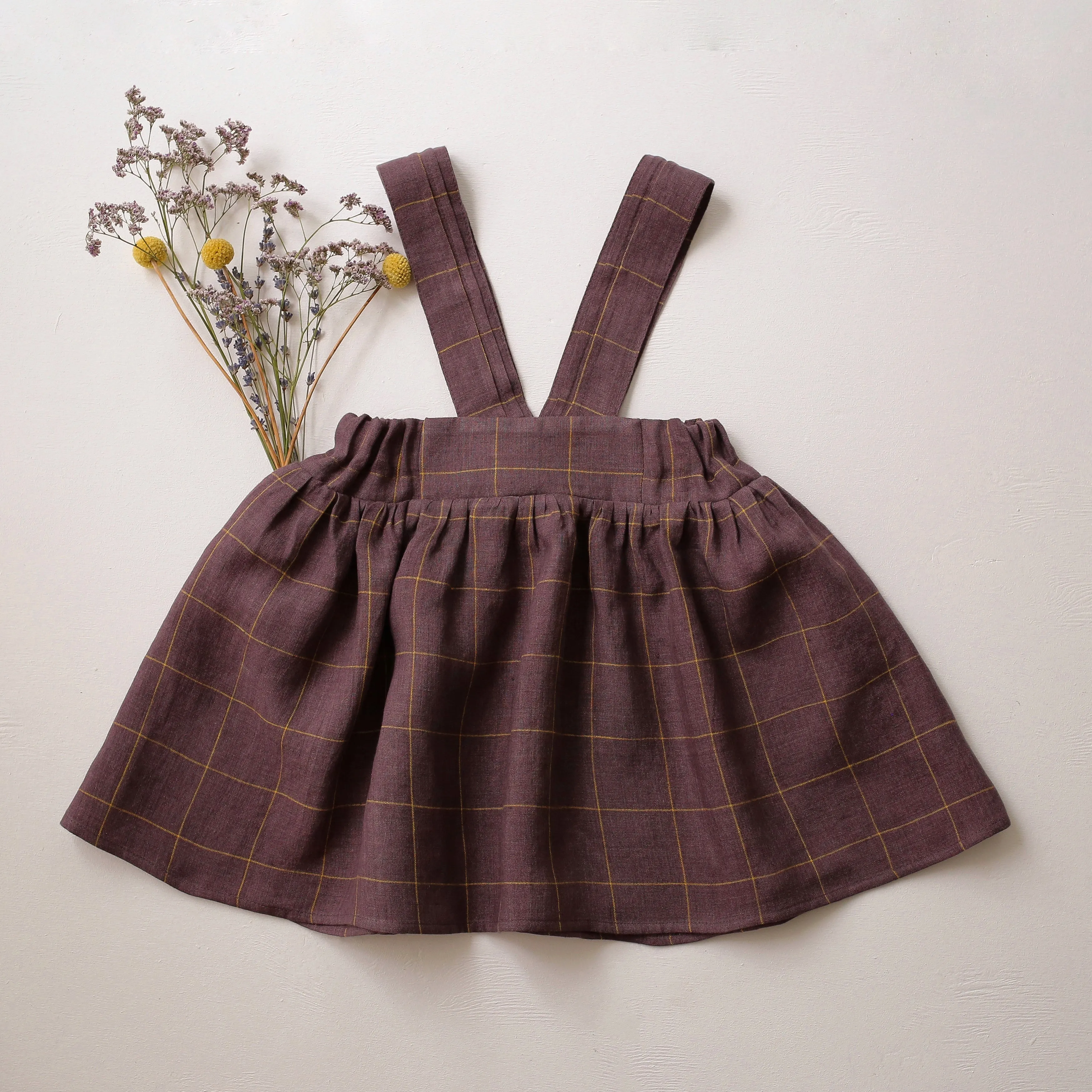 Plum Check Linen Pintuck Straps Pinafore