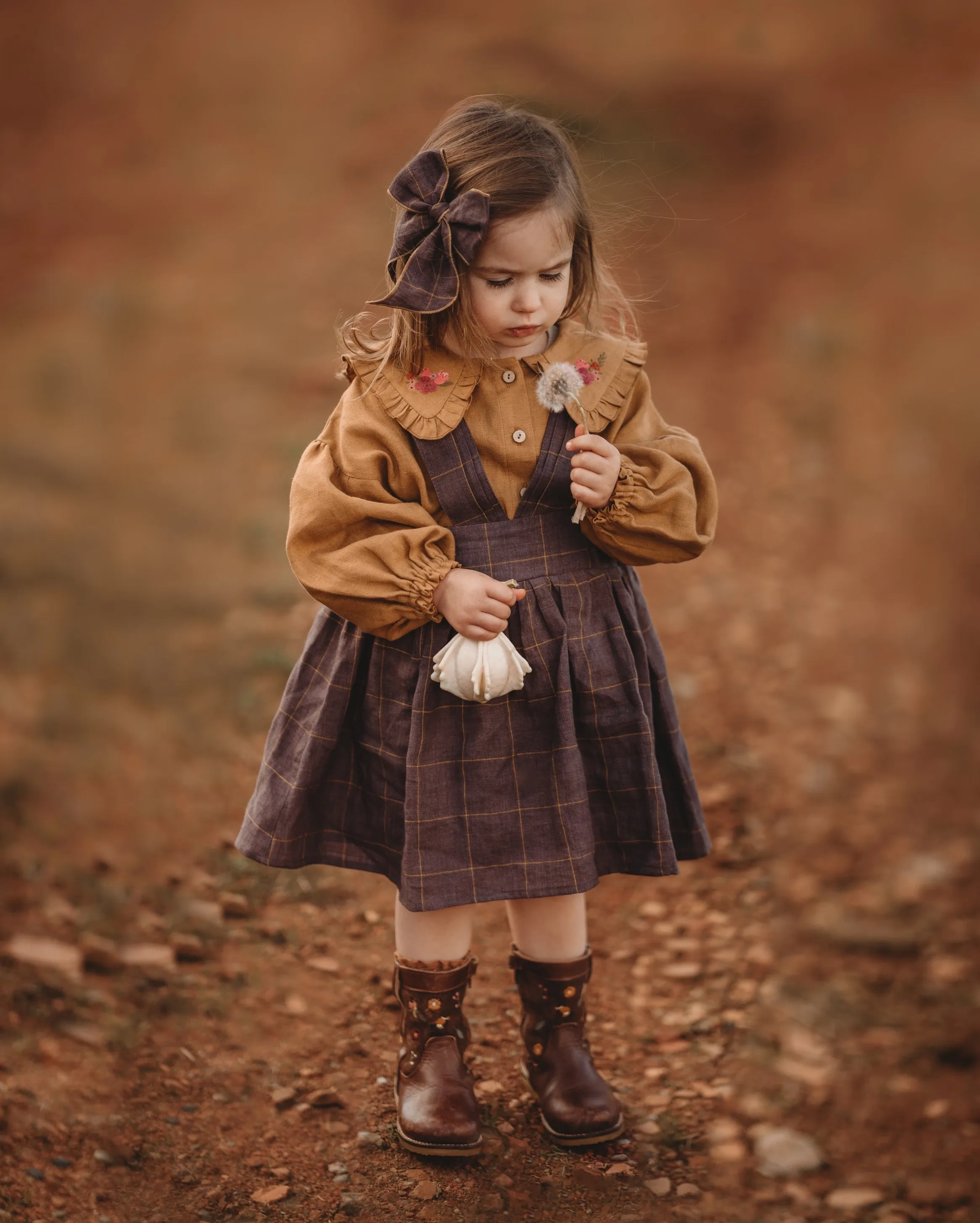 Plum Check Linen Pintuck Straps Pinafore