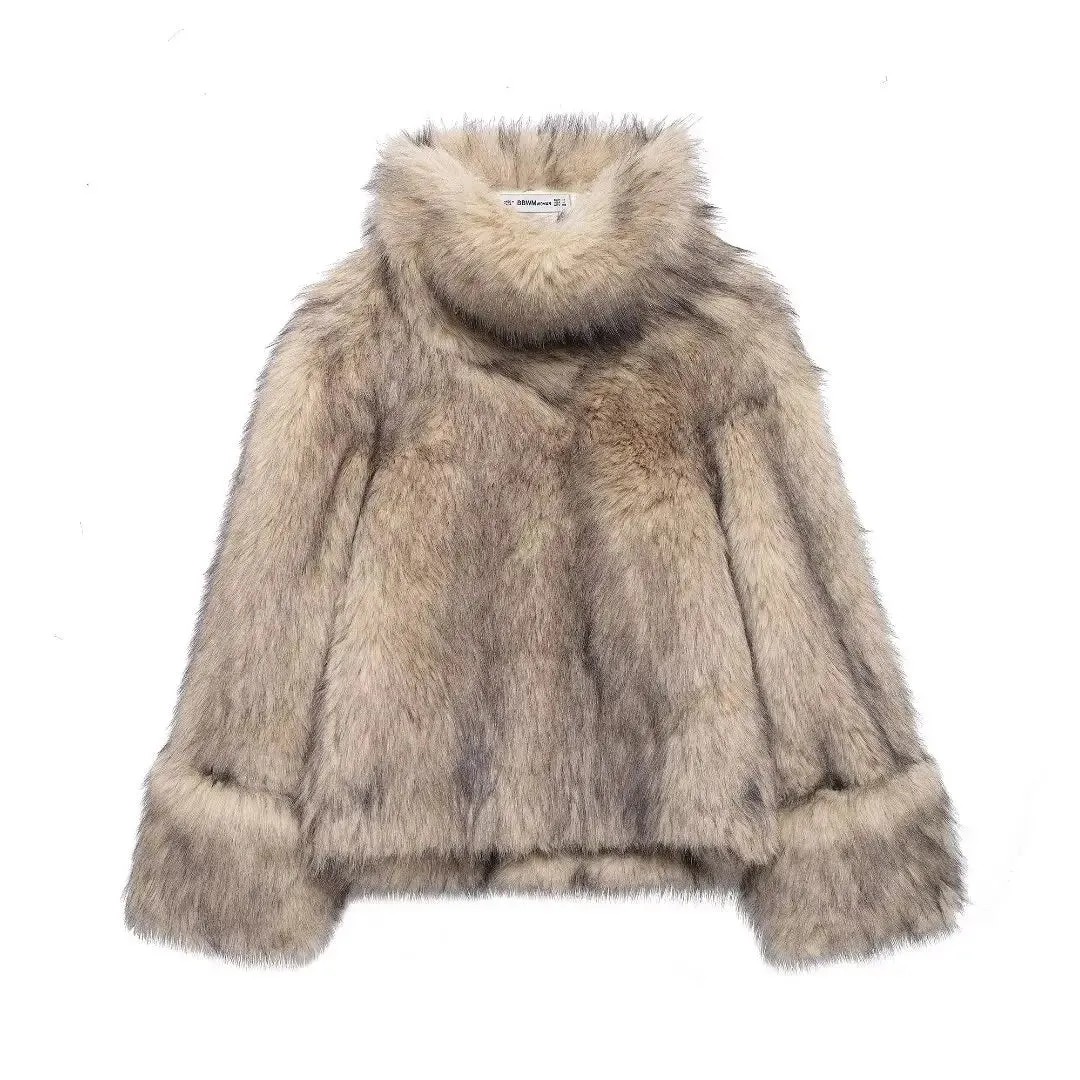 Plush High-Neck Faux Fur Coat