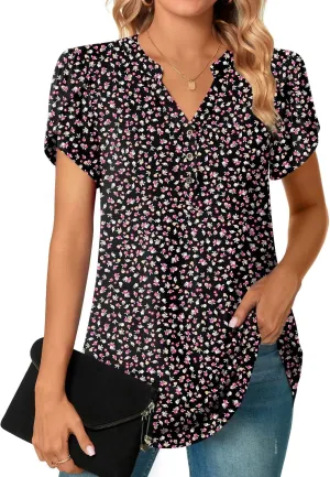 POPYOUNG Womens Plus Size Business Summer Henley Tunic Tops Button Down T-Shirts Petal Sleeve V-Neck Casual Blouses