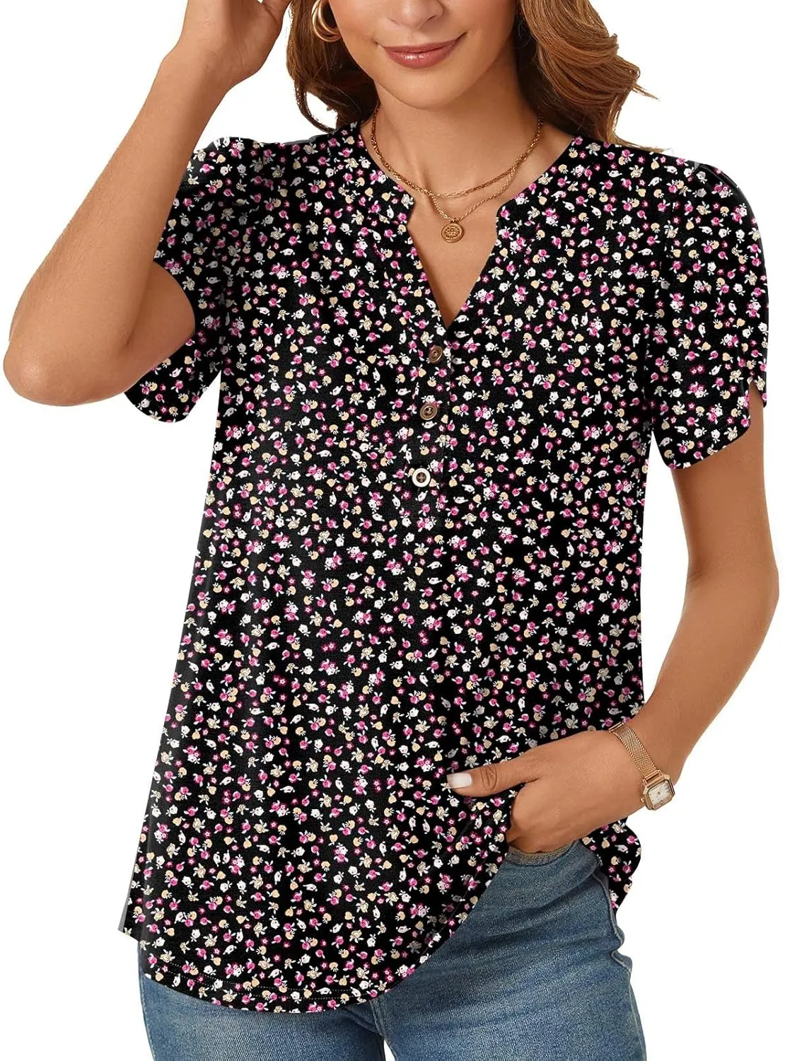 POPYOUNG Womens Plus Size Business Summer Henley Tunic Tops Button Down T-Shirts Petal Sleeve V-Neck Casual Blouses