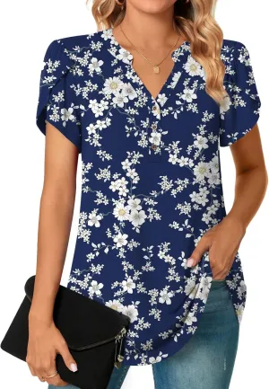 POPYOUNG Womens Plus Size Business Summer Henley Tunic Tops Button Down T-Shirts Petal Sleeve V-Neck Casual Blouses