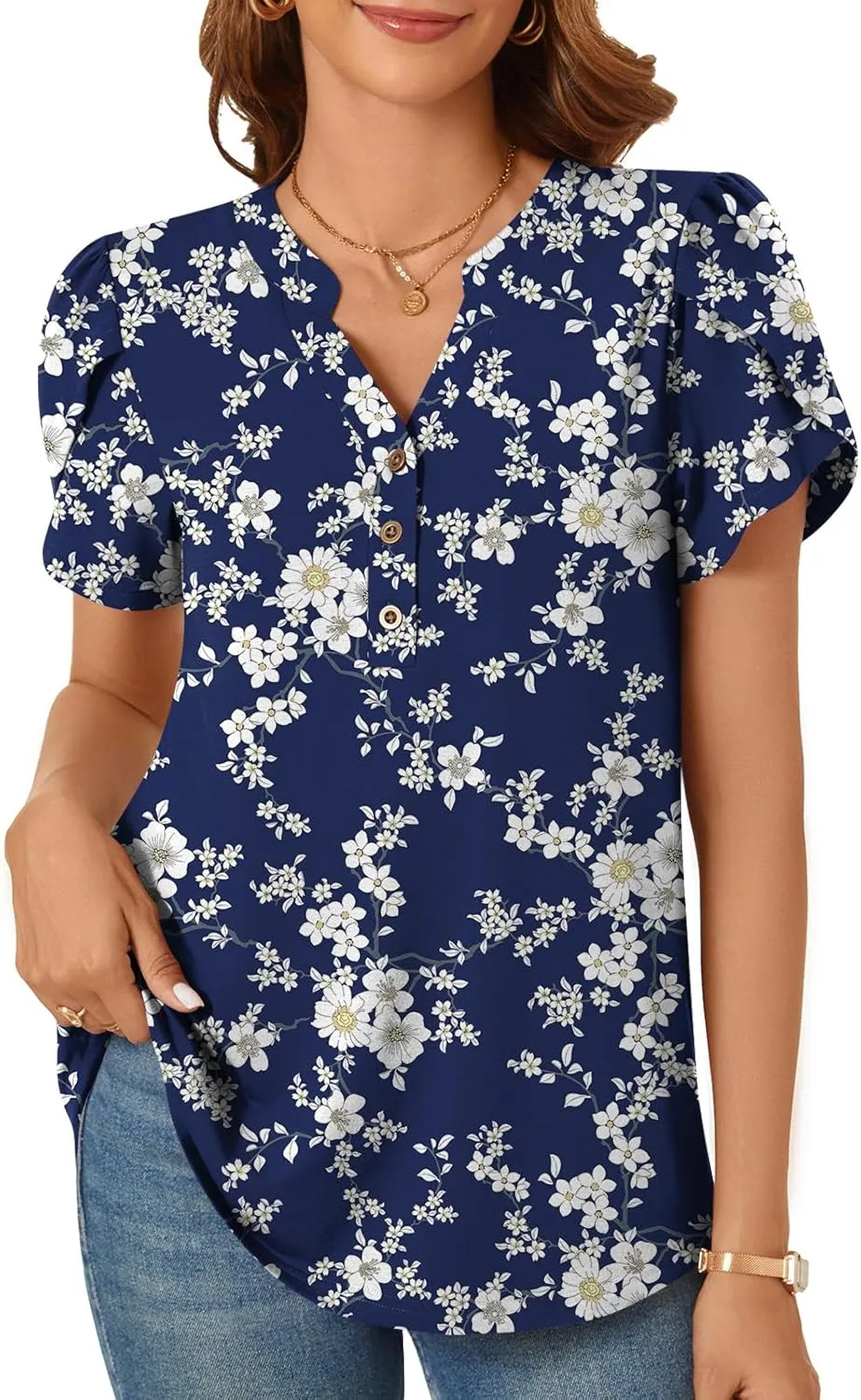 POPYOUNG Womens Plus Size Business Summer Henley Tunic Tops Button Down T-Shirts Petal Sleeve V-Neck Casual Blouses