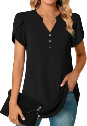 POPYOUNG Womens Plus Size Business Summer Henley Tunic Tops Button Down T-Shirts Petal Sleeve V-Neck Casual Blouses