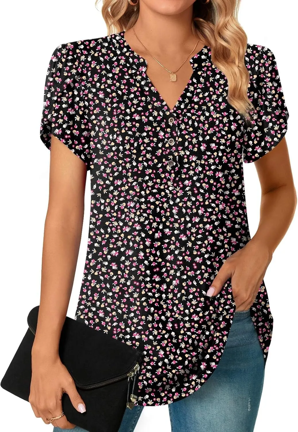 POPYOUNG Womens Plus Size Business Summer Henley Tunic Tops Button Down T-Shirts Petal Sleeve V-Neck Casual Blouses