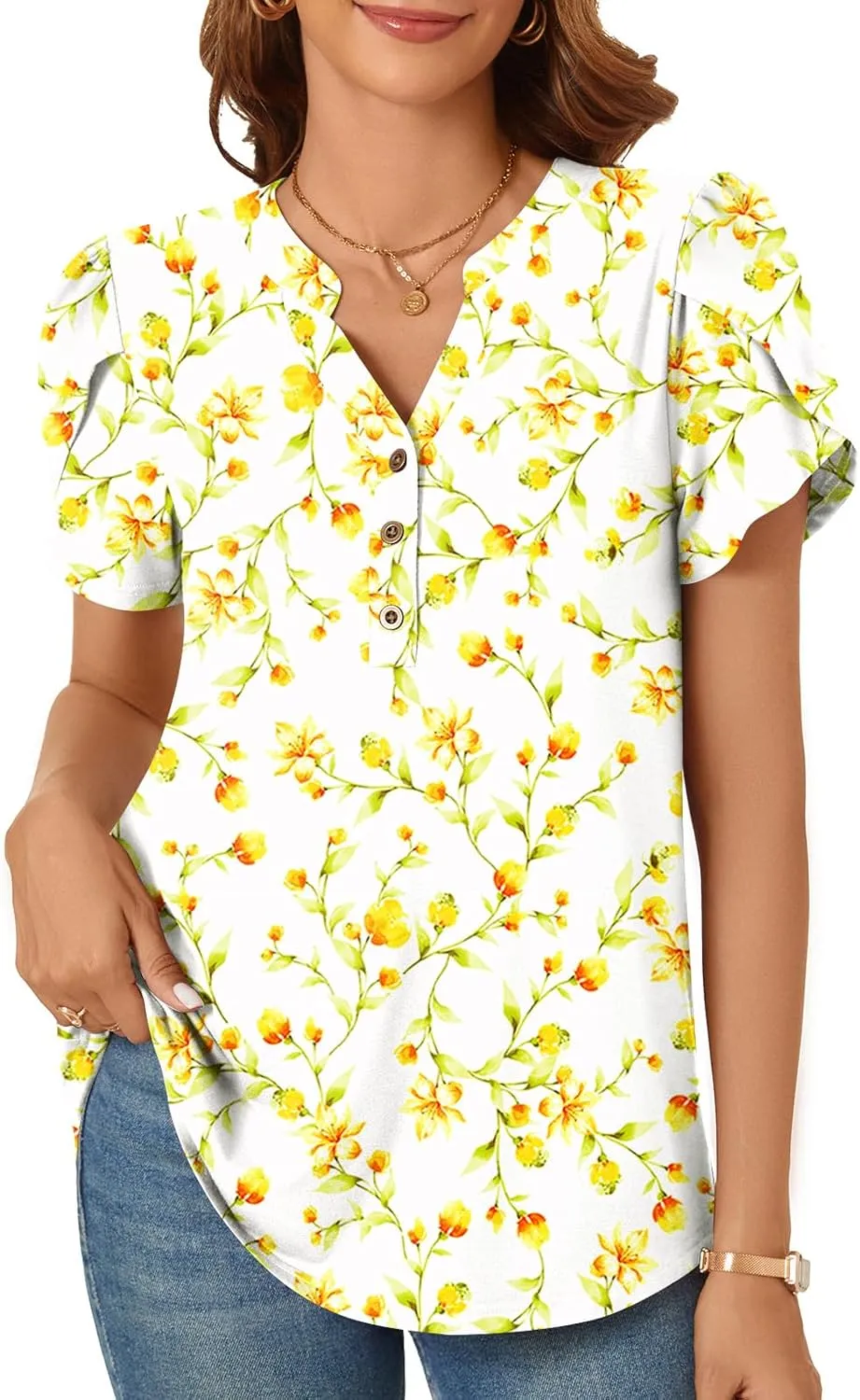 POPYOUNG Womens Plus Size Business Summer Henley Tunic Tops Button Down T-Shirts Petal Sleeve V-Neck Casual Blouses
