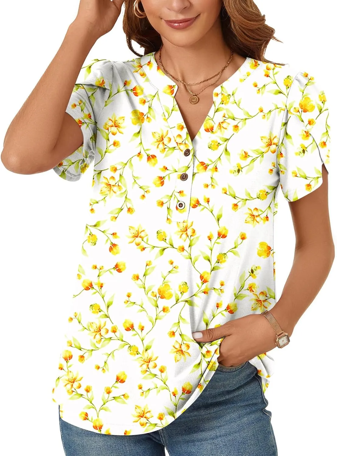 POPYOUNG Womens Plus Size Business Summer Henley Tunic Tops Button Down T-Shirts Petal Sleeve V-Neck Casual Blouses
