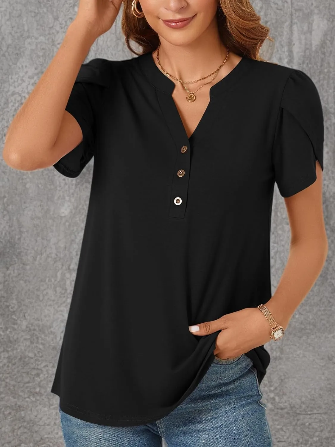 POPYOUNG Womens Plus Size Business Summer Henley Tunic Tops Button Down T-Shirts Petal Sleeve V-Neck Casual Blouses