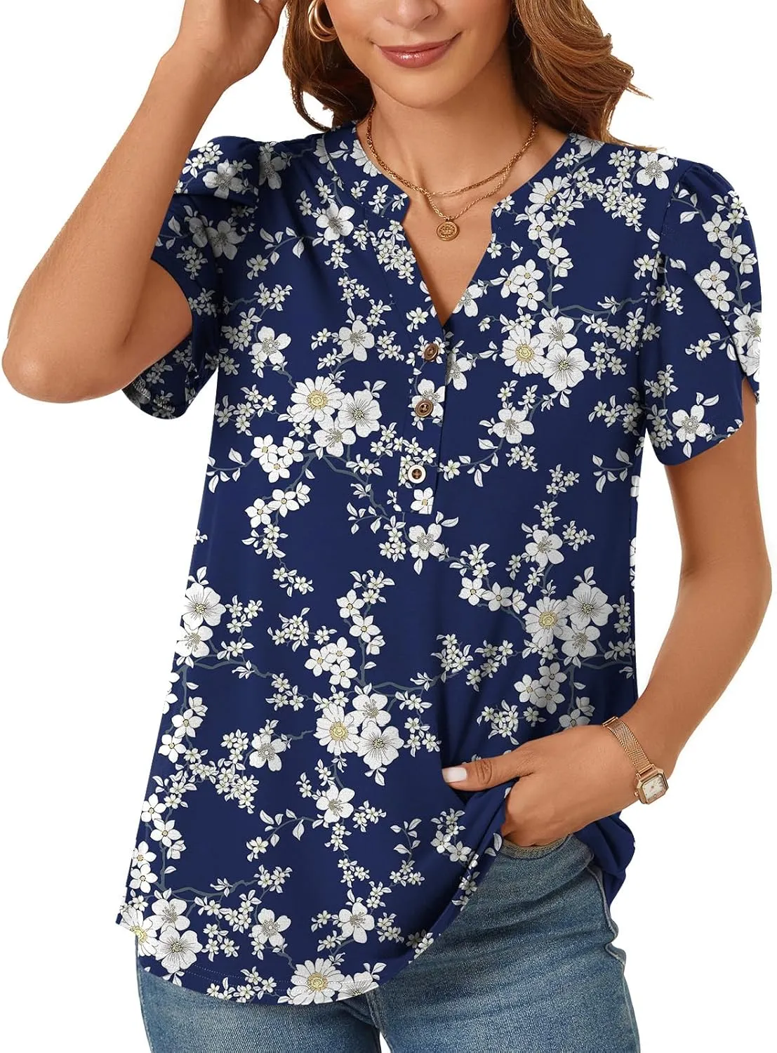 POPYOUNG Womens Plus Size Business Summer Henley Tunic Tops Button Down T-Shirts Petal Sleeve V-Neck Casual Blouses