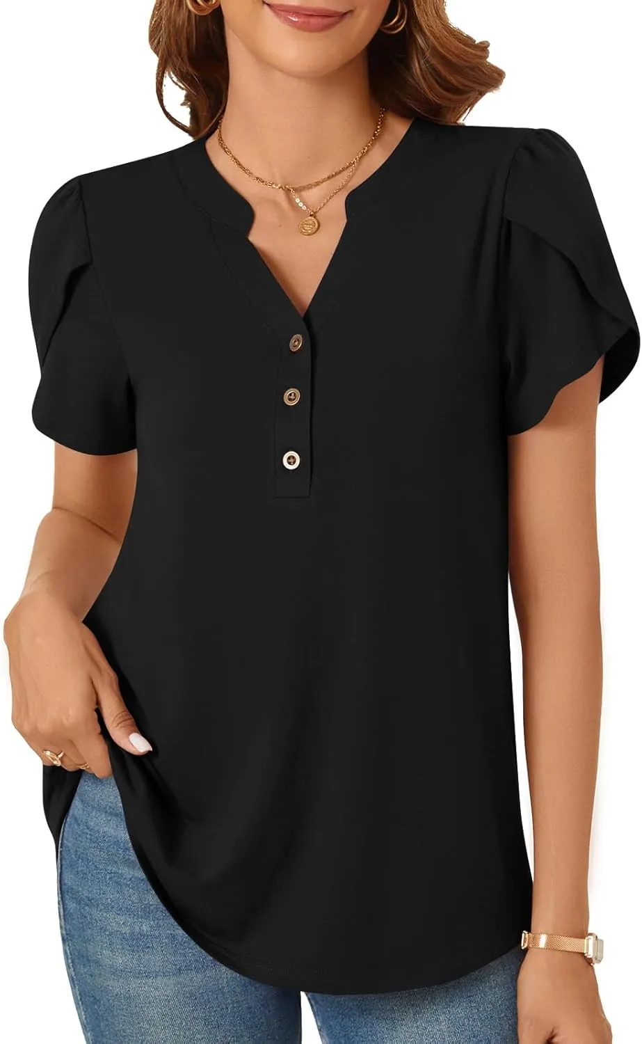 POPYOUNG Womens Plus Size Business Summer Henley Tunic Tops Button Down T-Shirts Petal Sleeve V-Neck Casual Blouses