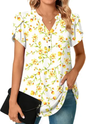 POPYOUNG Womens Plus Size Business Summer Henley Tunic Tops Button Down T-Shirts Petal Sleeve V-Neck Casual Blouses