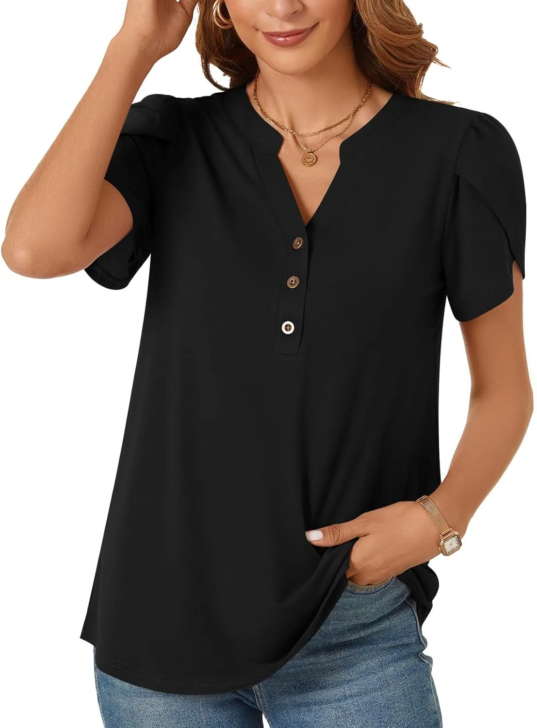 POPYOUNG Womens Plus Size Business Summer Henley Tunic Tops Button Down T-Shirts Petal Sleeve V-Neck Casual Blouses