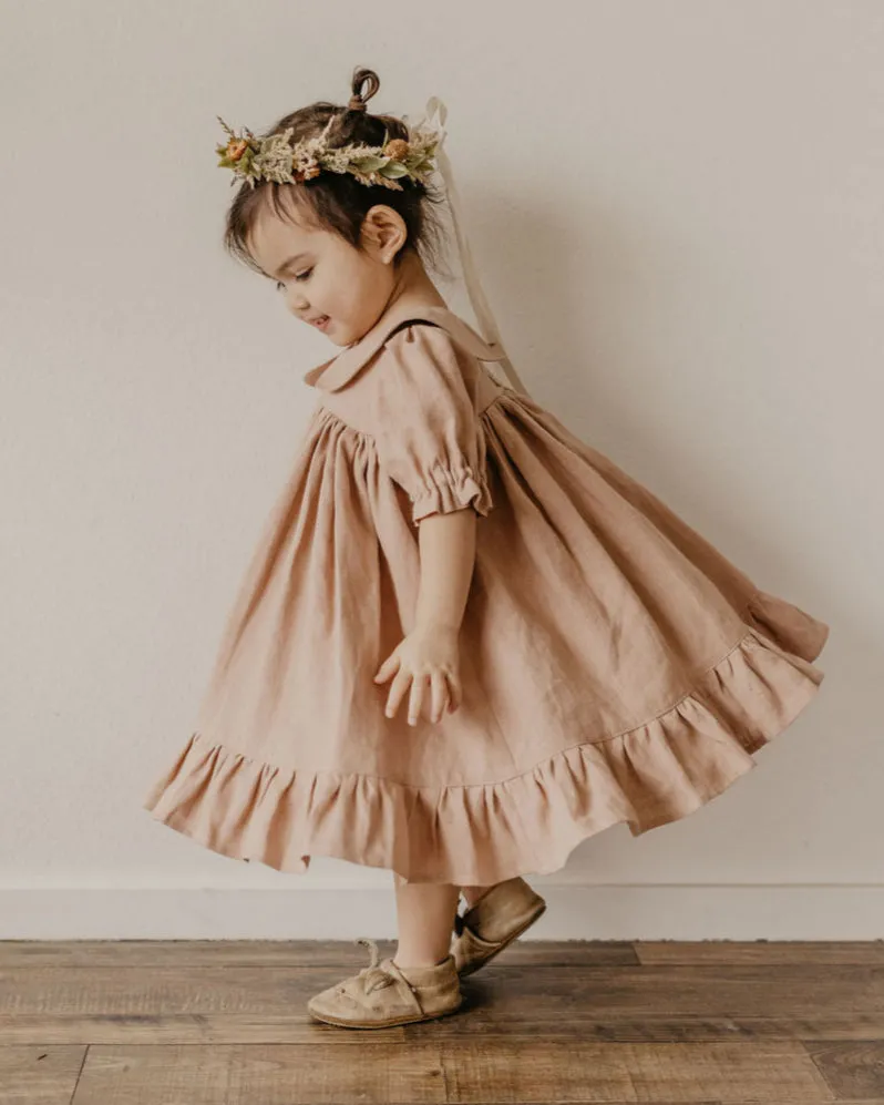 Powder Linen Short Sleeve Peter Pan Collar Babydoll Bodice Dress