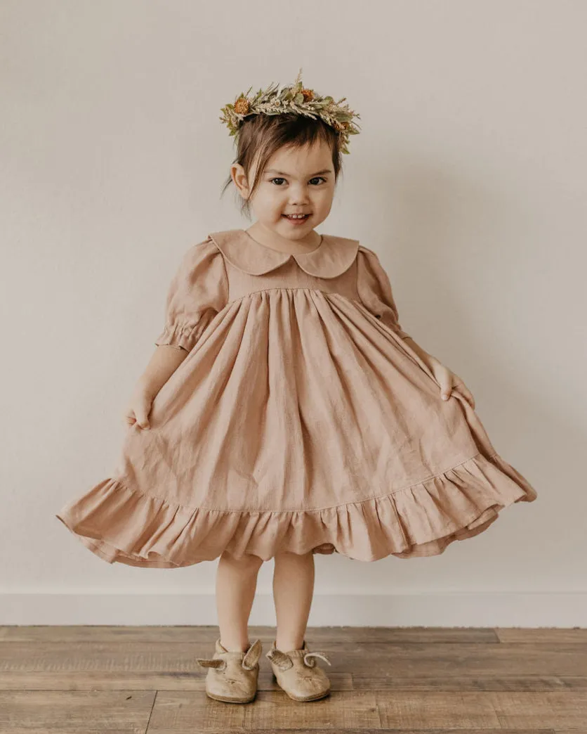 Powder Linen Short Sleeve Peter Pan Collar Babydoll Bodice Dress