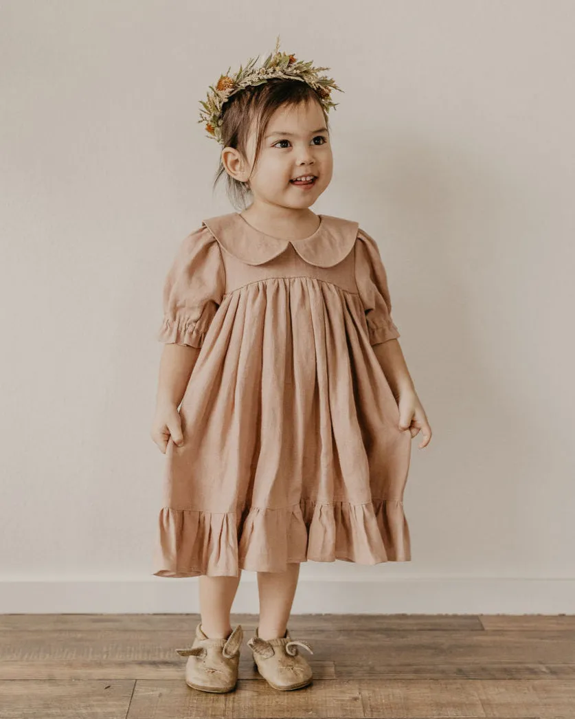 Powder Linen Short Sleeve Peter Pan Collar Babydoll Bodice Dress
