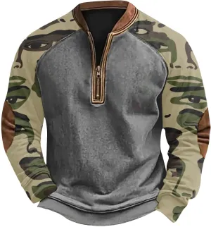 QWENTMTNTY Camo Sweatshirt for Men Crewneck Camouflage Western Light Weight Big and Tall Zip Cool Vintage Pullover Shirts