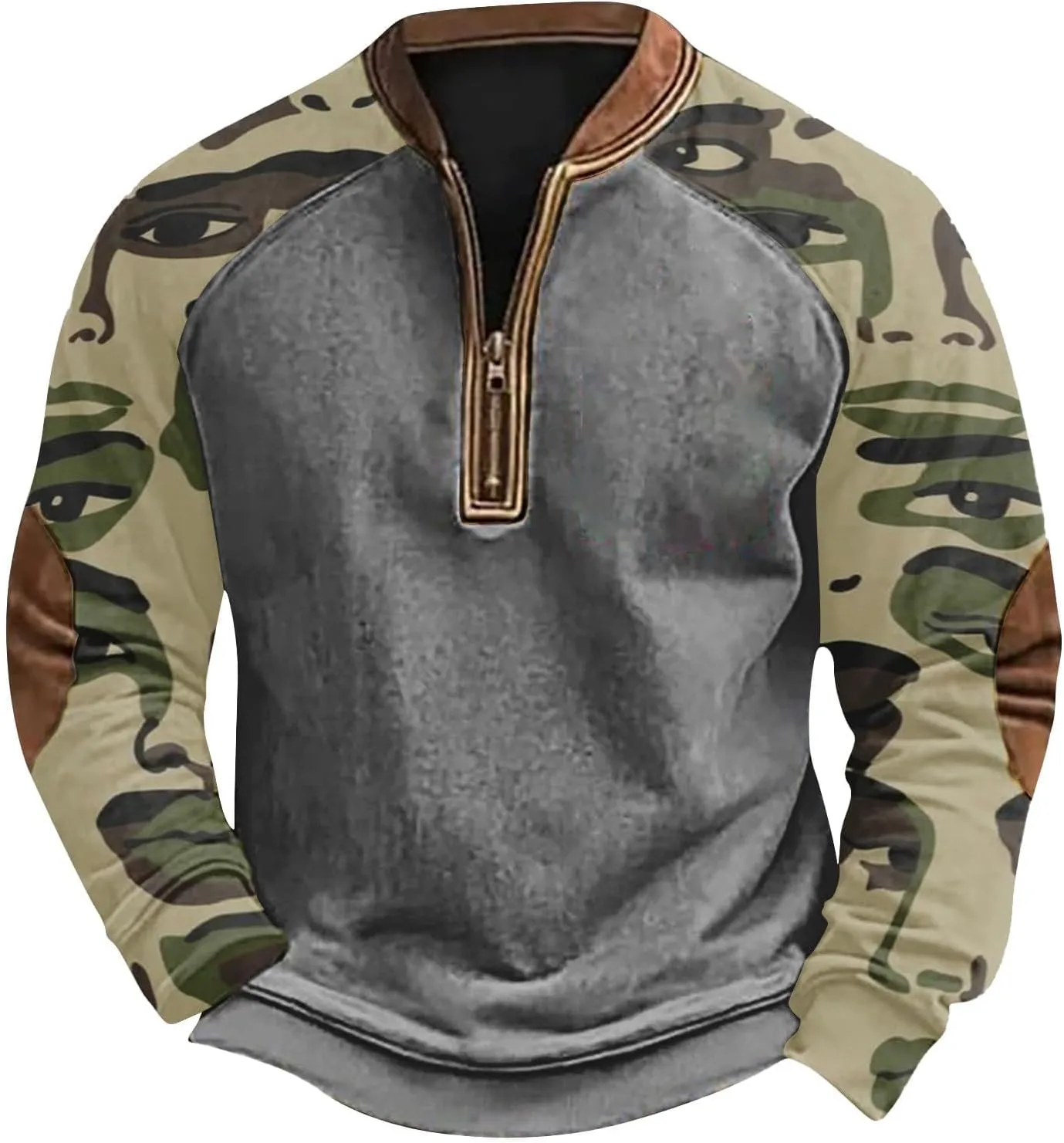 QWENTMTNTY Camo Sweatshirt for Men Crewneck Camouflage Western Light Weight Big and Tall Zip Cool Vintage Pullover Shirts