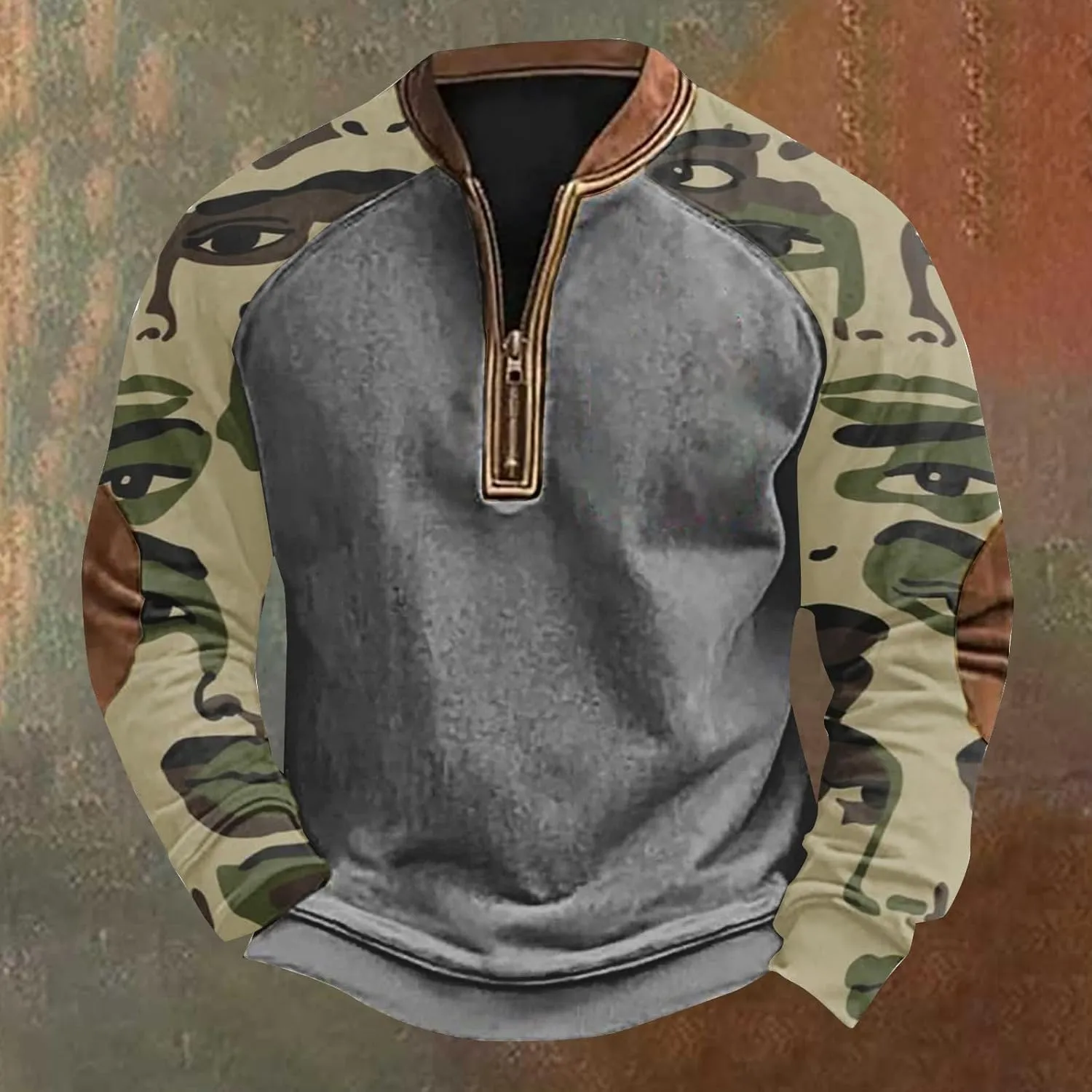 QWENTMTNTY Camo Sweatshirt for Men Crewneck Camouflage Western Light Weight Big and Tall Zip Cool Vintage Pullover Shirts