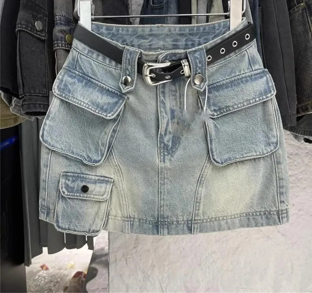 Retro Denim Short Skirt Women's Tooling Style High Waist Anti-Light A Word Midi Skirt