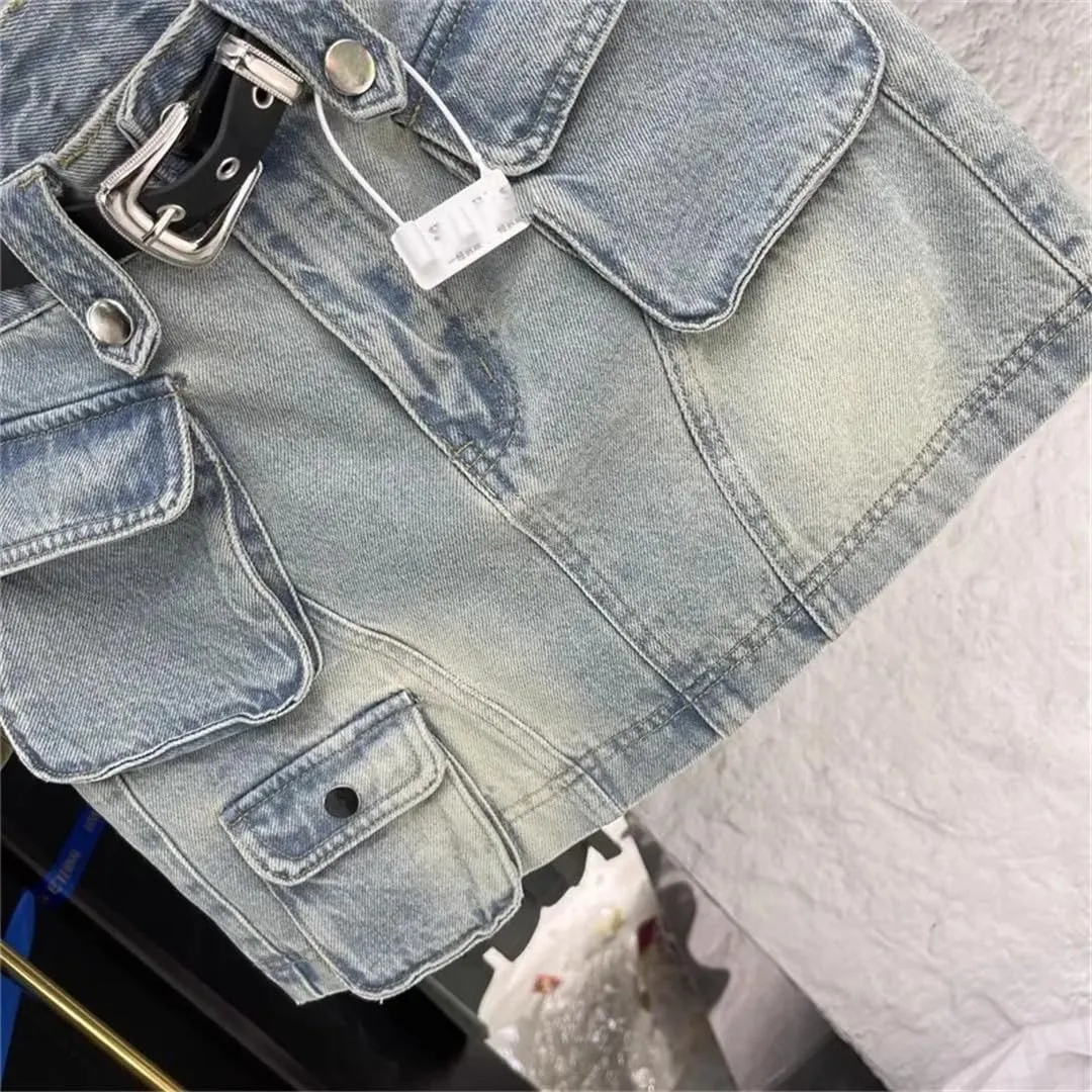 Retro Denim Short Skirt Women's Tooling Style High Waist Anti-Light A Word Midi Skirt