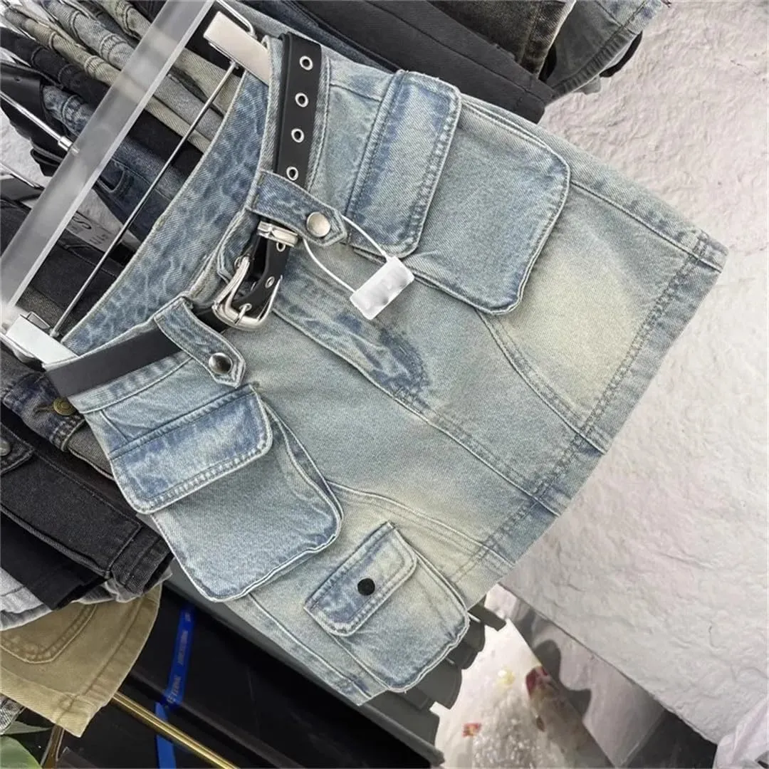 Retro Denim Short Skirt Women's Tooling Style High Waist Anti-Light A Word Midi Skirt