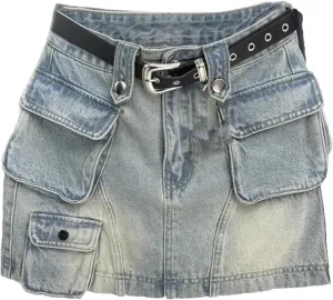 Retro Denim Short Skirt Women's Tooling Style High Waist Anti-Light A Word Midi Skirt
