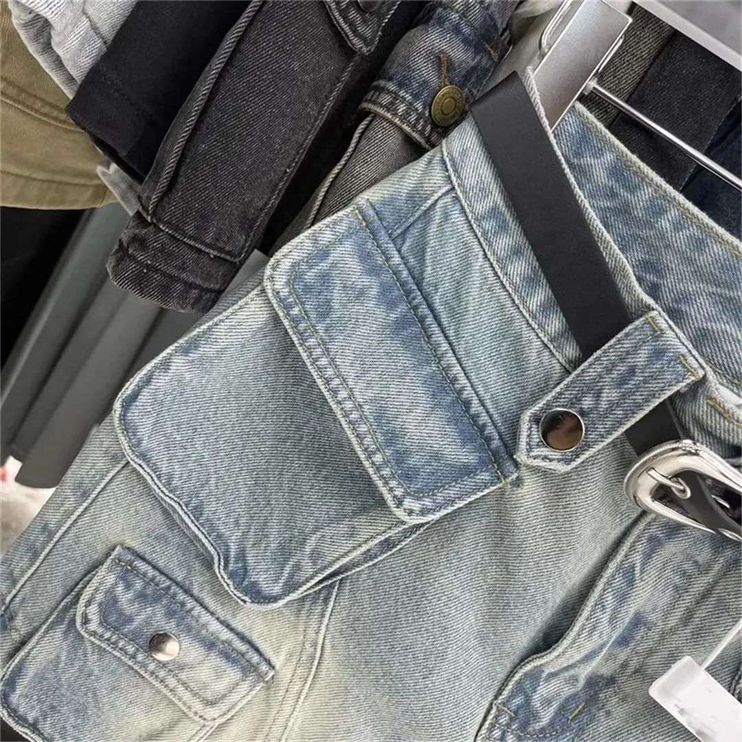 Retro Denim Short Skirt Women's Tooling Style High Waist Anti-Light A Word Midi Skirt