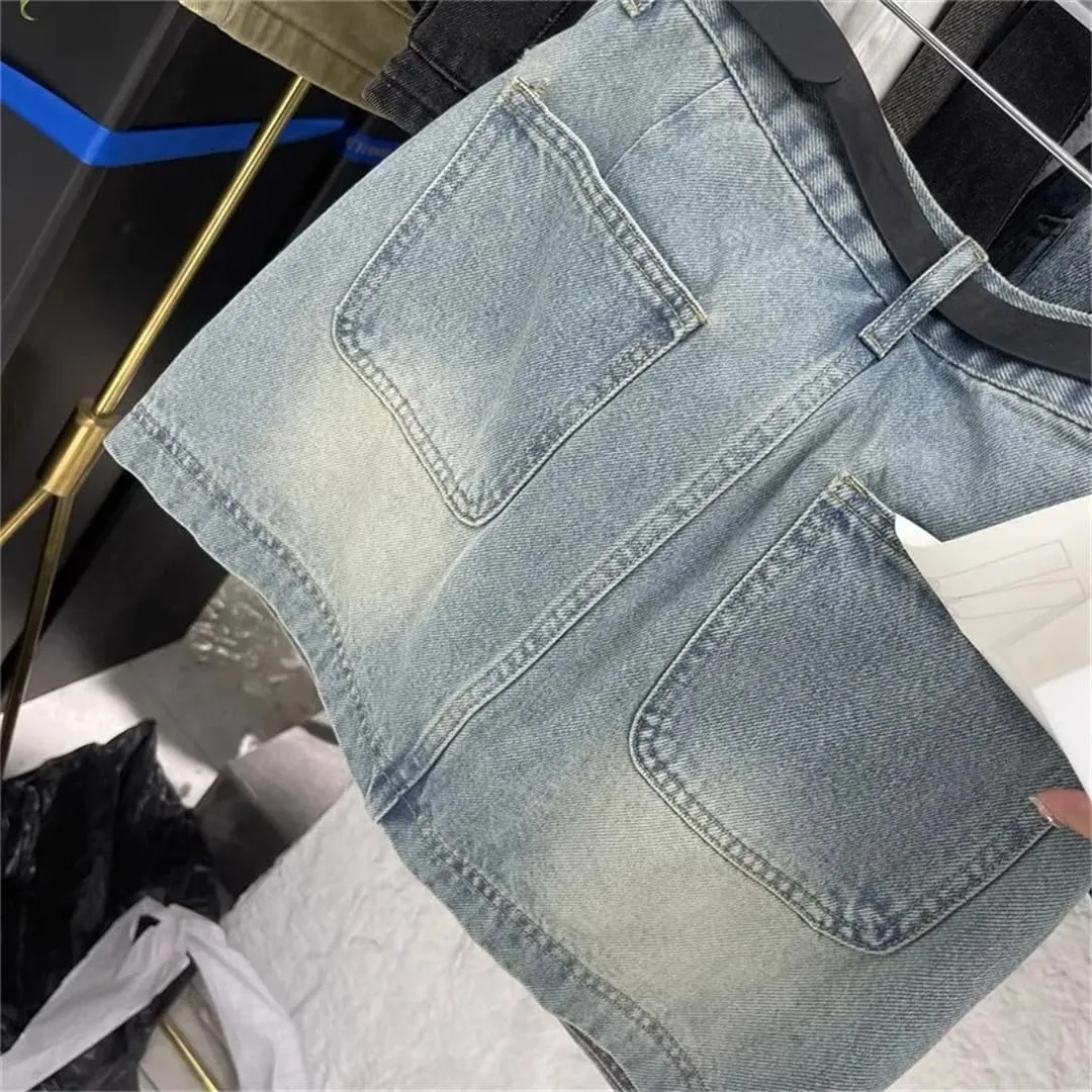 Retro Denim Short Skirt Women's Tooling Style High Waist Anti-Light A Word Midi Skirt