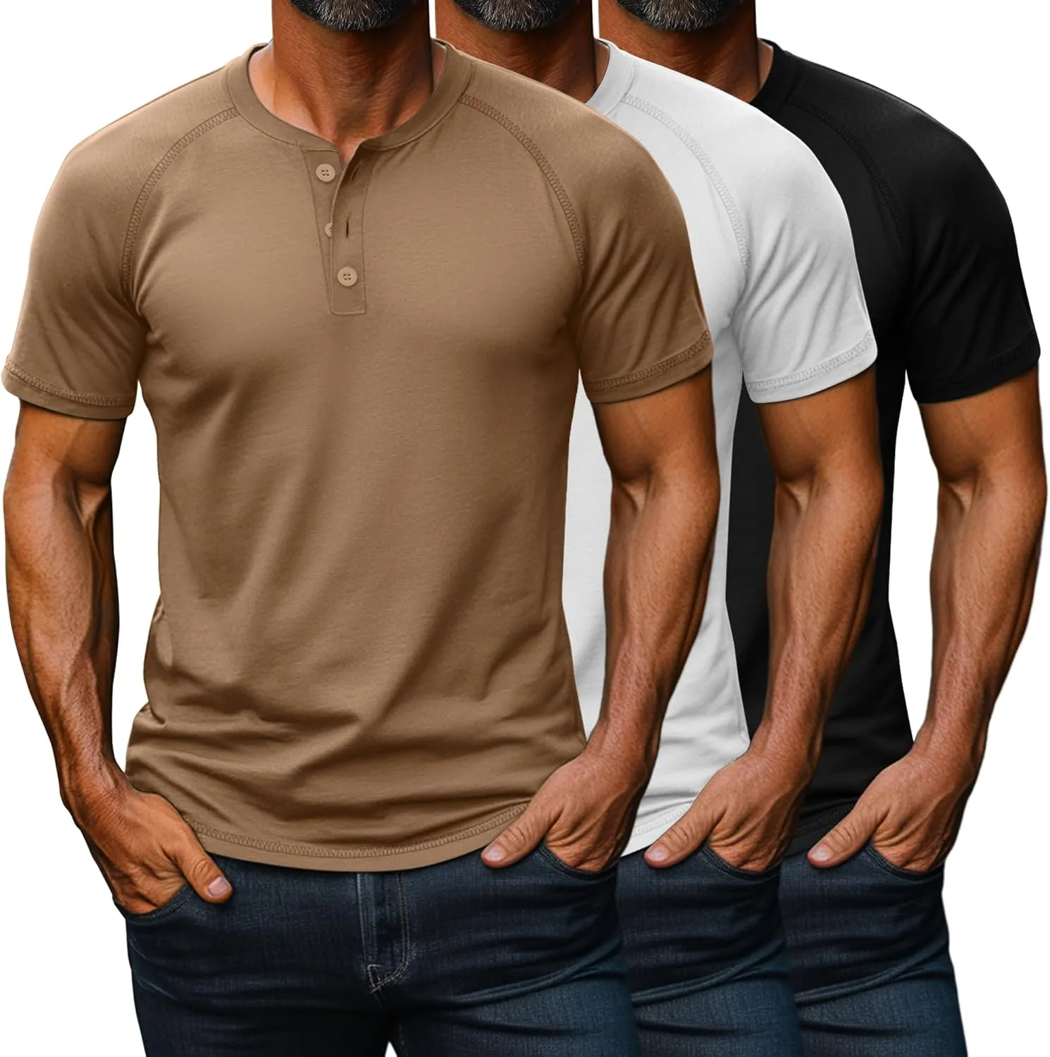 Riyiper 3 Pack Henley Shirts for Men Short Sleeve Raglan M-5XL Cotton Regular and Big Tall Tops Casual Summer Basic Tee
