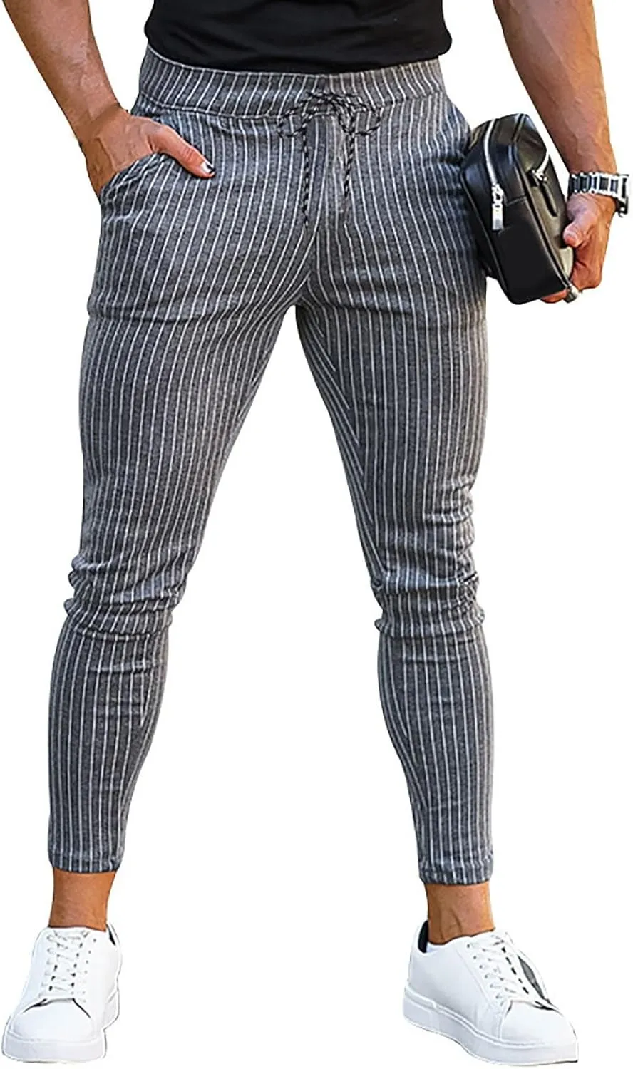 Stretch Slacks for Men Business Casual Slim Striped Drawstring Lightweight Work Pants Straight Barrel Leggings Pant