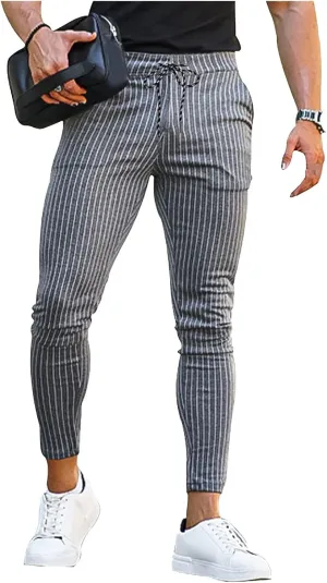 Stretch Slacks for Men Business Casual Slim Striped Drawstring Lightweight Work Pants Straight Barrel Leggings Pant