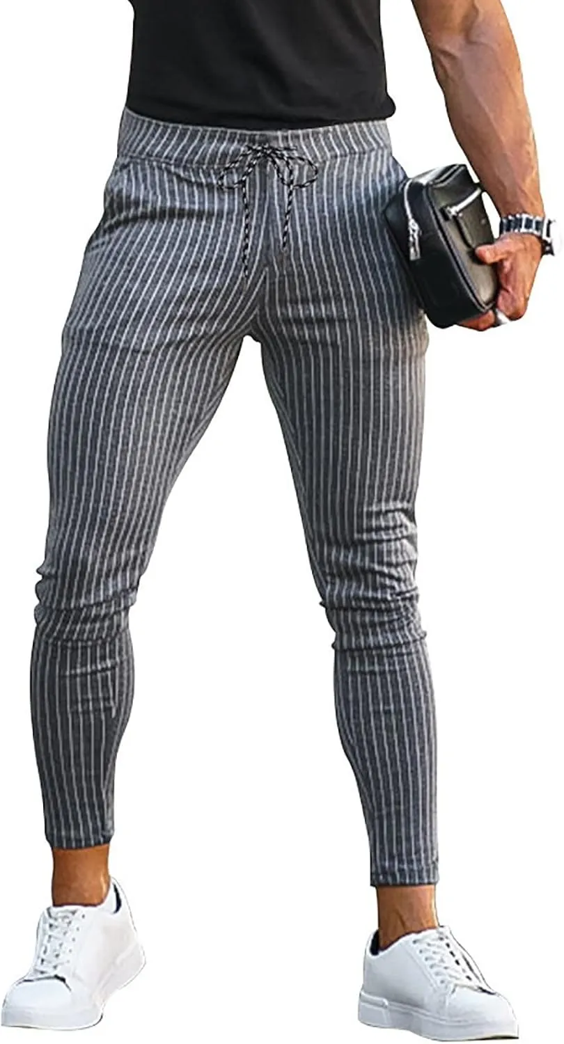 Stretch Slacks for Men Business Casual Slim Striped Drawstring Lightweight Work Pants Straight Barrel Leggings Pant