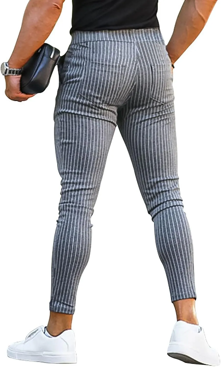 Stretch Slacks for Men Business Casual Slim Striped Drawstring Lightweight Work Pants Straight Barrel Leggings Pant
