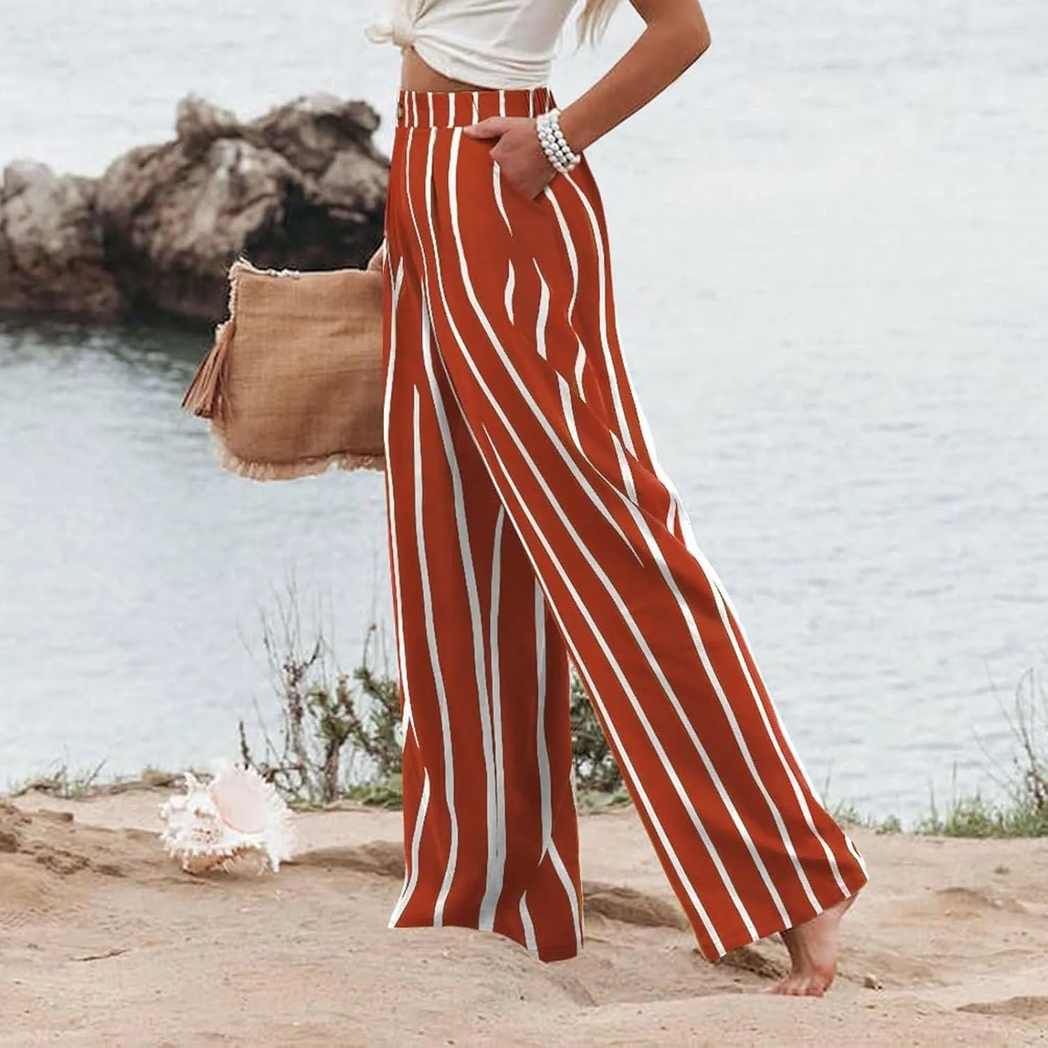 Striped Linen Pants Women Summer Casual Button Up Wide Leg Linen Pants Vintage Palazzo Lounge Pants with Pockets