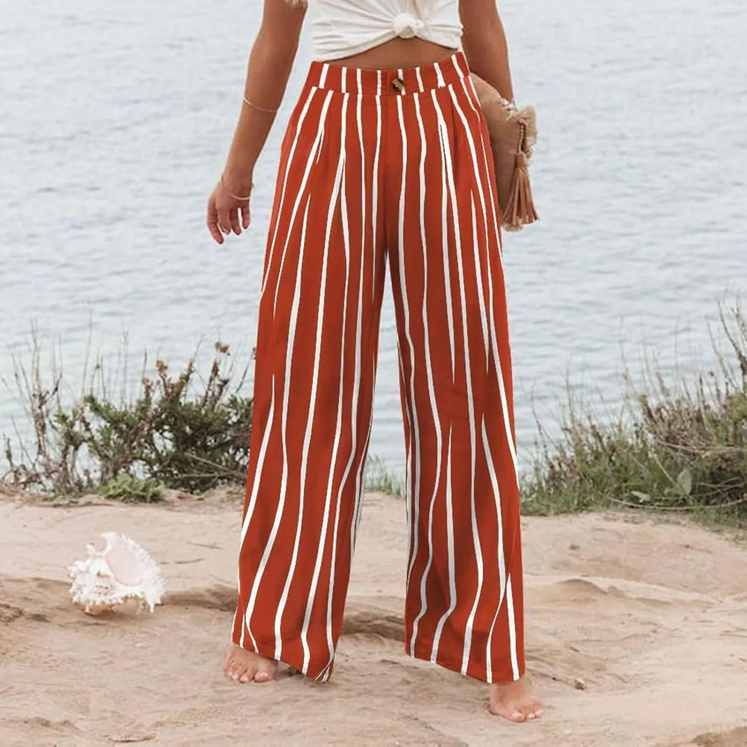 Striped Linen Pants Women Summer Casual Button Up Wide Leg Linen Pants Vintage Palazzo Lounge Pants with Pockets