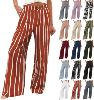 Striped Linen Pants Women Summer Casual Button Up Wide Leg Linen Pants Vintage Palazzo Lounge Pants with Pockets