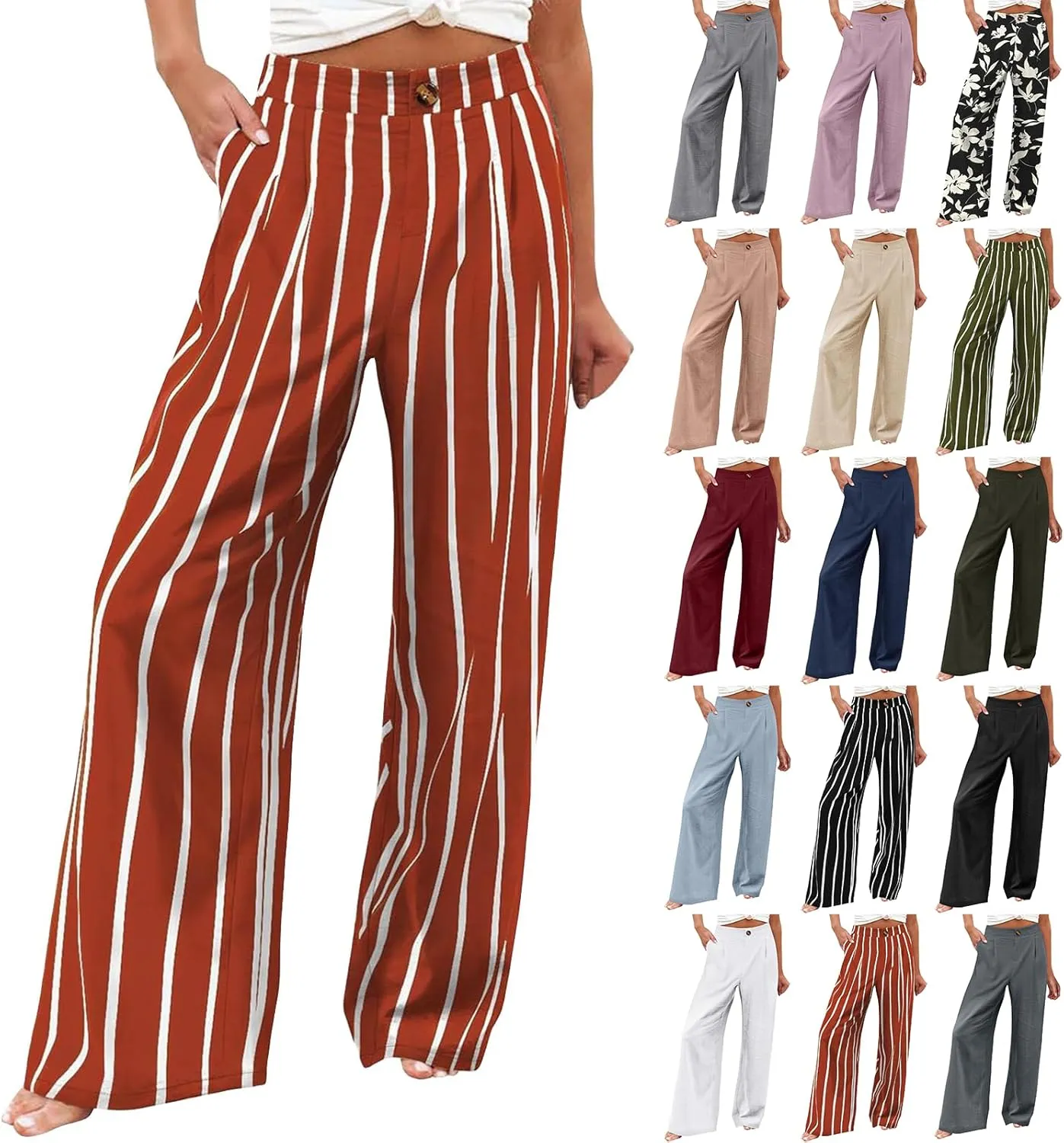 Striped Linen Pants Women Summer Casual Button Up Wide Leg Linen Pants Vintage Palazzo Lounge Pants with Pockets