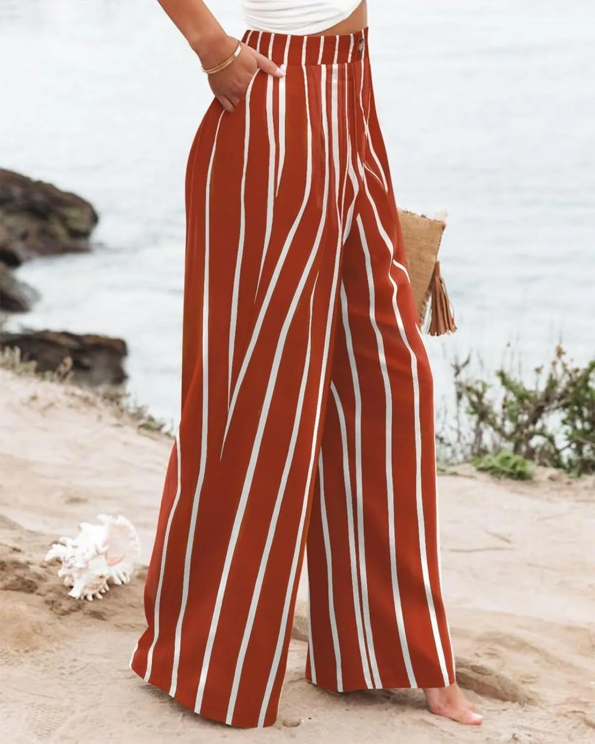 Striped Linen Pants Women Summer Casual Button Up Wide Leg Linen Pants Vintage Palazzo Lounge Pants with Pockets