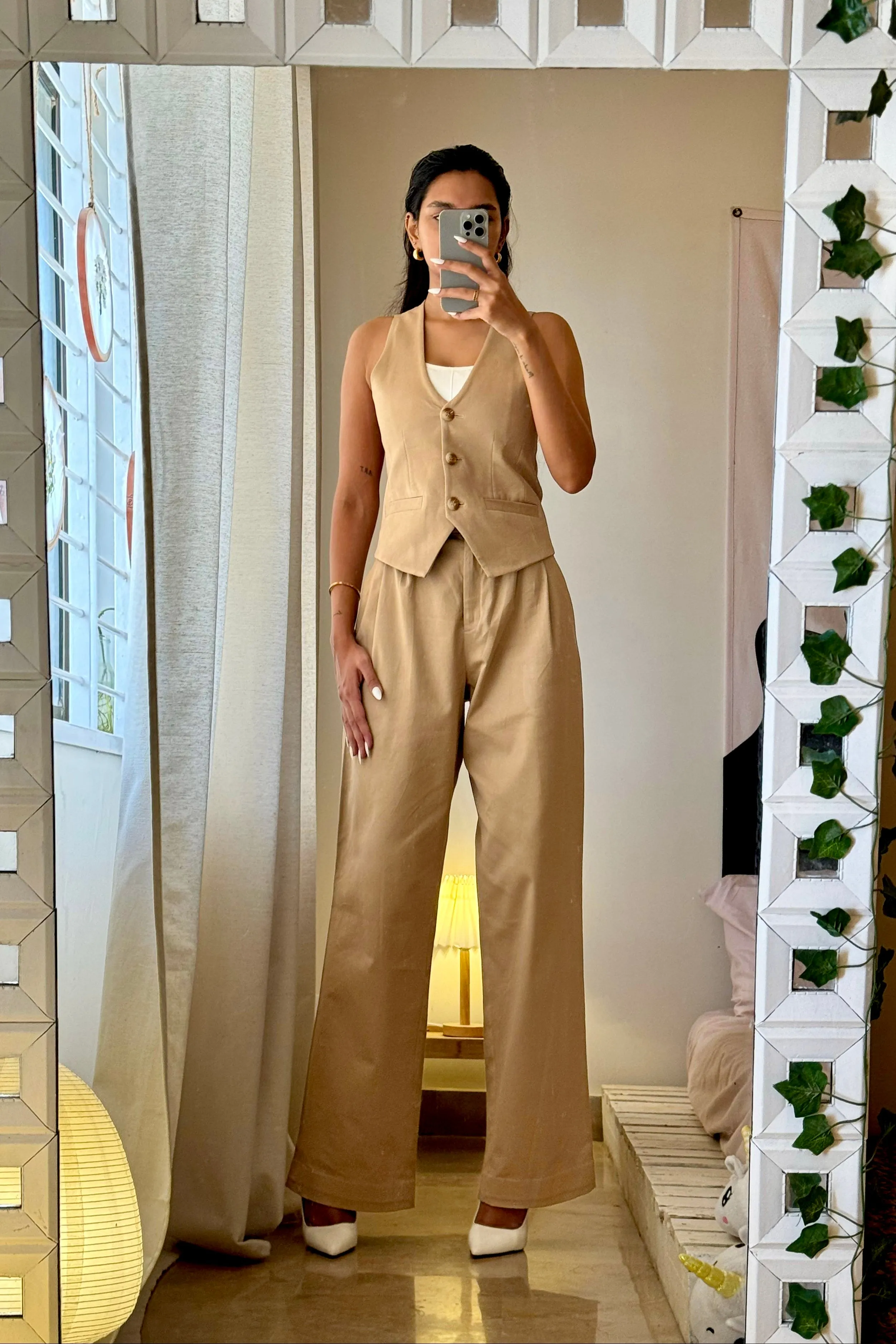 Tailored Waistcoat & Wide-Leg Pants in Beige