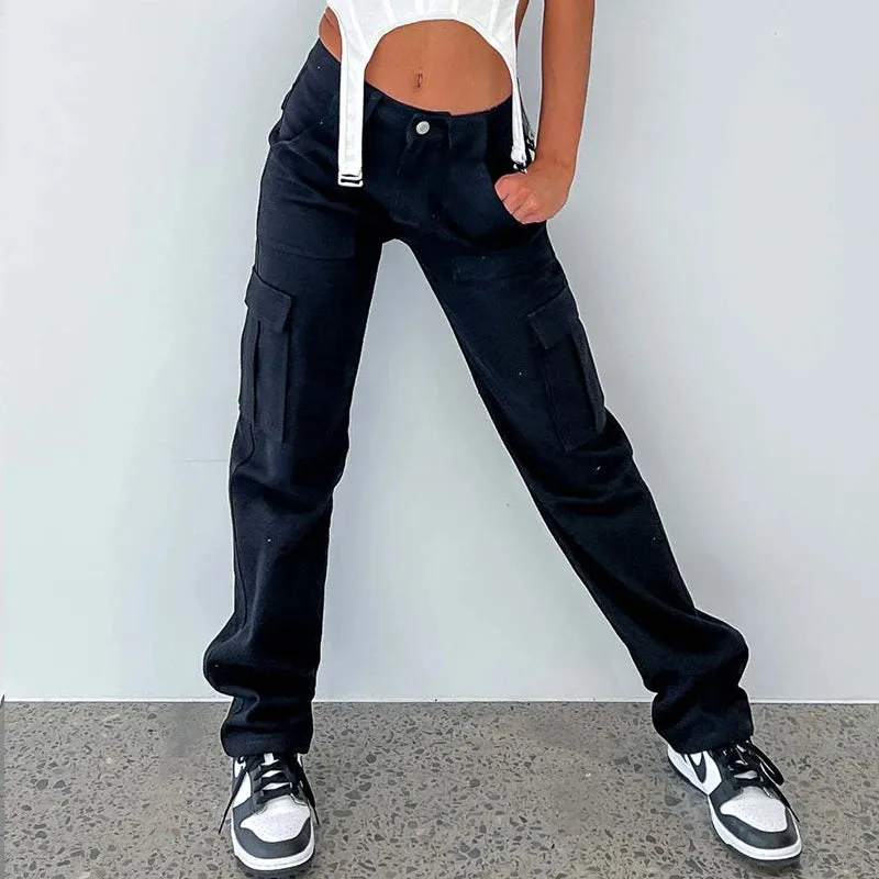 TAVIMART  -  Vintage Cargo Pants Fashion 90s Overalls High Waist Baggy Jeans Women Streetwear Big Pockets Wide Y2k Straight Denim Trousers