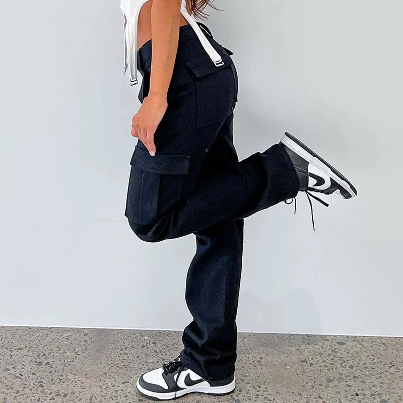TAVIMART  -  Vintage Cargo Pants Fashion 90s Overalls High Waist Baggy Jeans Women Streetwear Big Pockets Wide Y2k Straight Denim Trousers