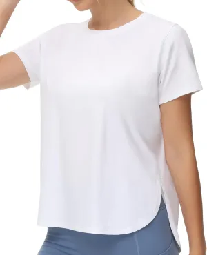 THE GYM PEOPLE Women's Workout T-Shirts Loose Fit Short Sleeve Cotton Running Basic Tee Tops with Split Hem