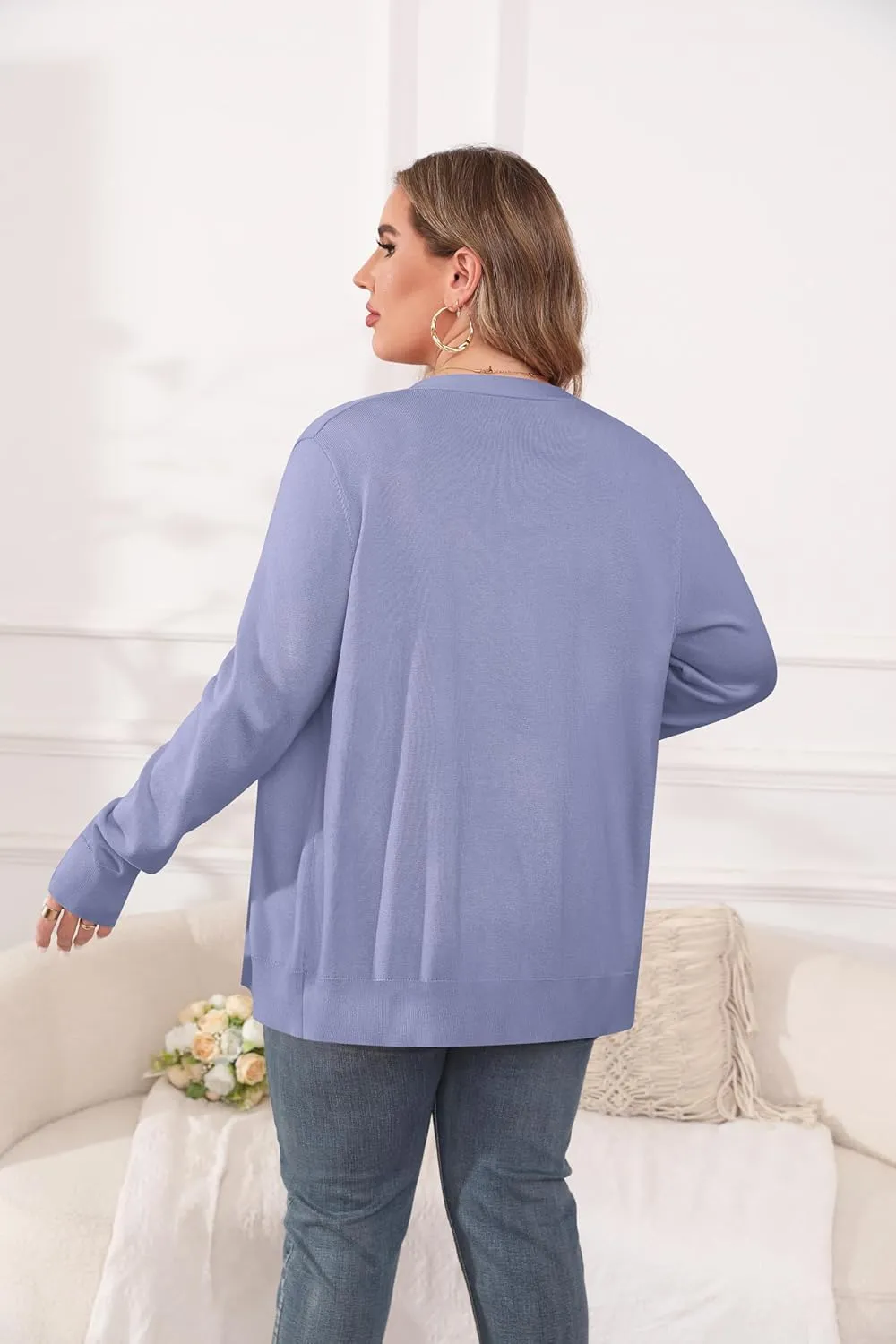 TIANZHU Cardigan Sweaters for Women Plus Size Open Front Long Sleeve V Neck Button Comfy Lightweight Cardigan Casual Coat