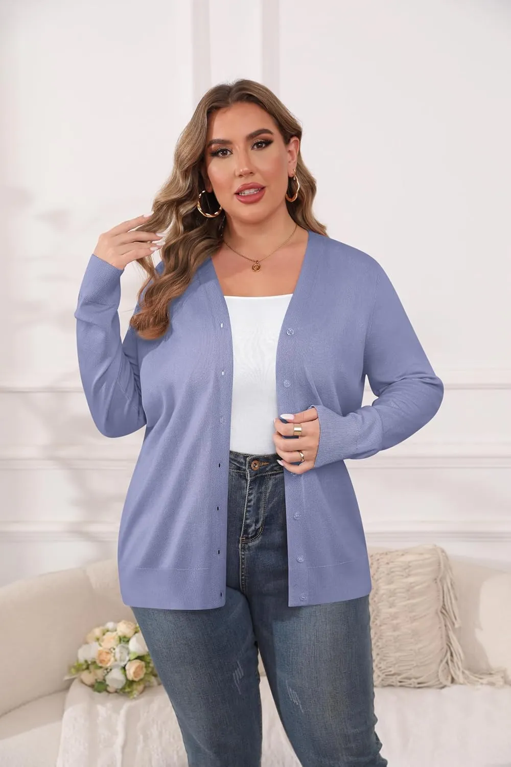TIANZHU Cardigan Sweaters for Women Plus Size Open Front Long Sleeve V Neck Button Comfy Lightweight Cardigan Casual Coat