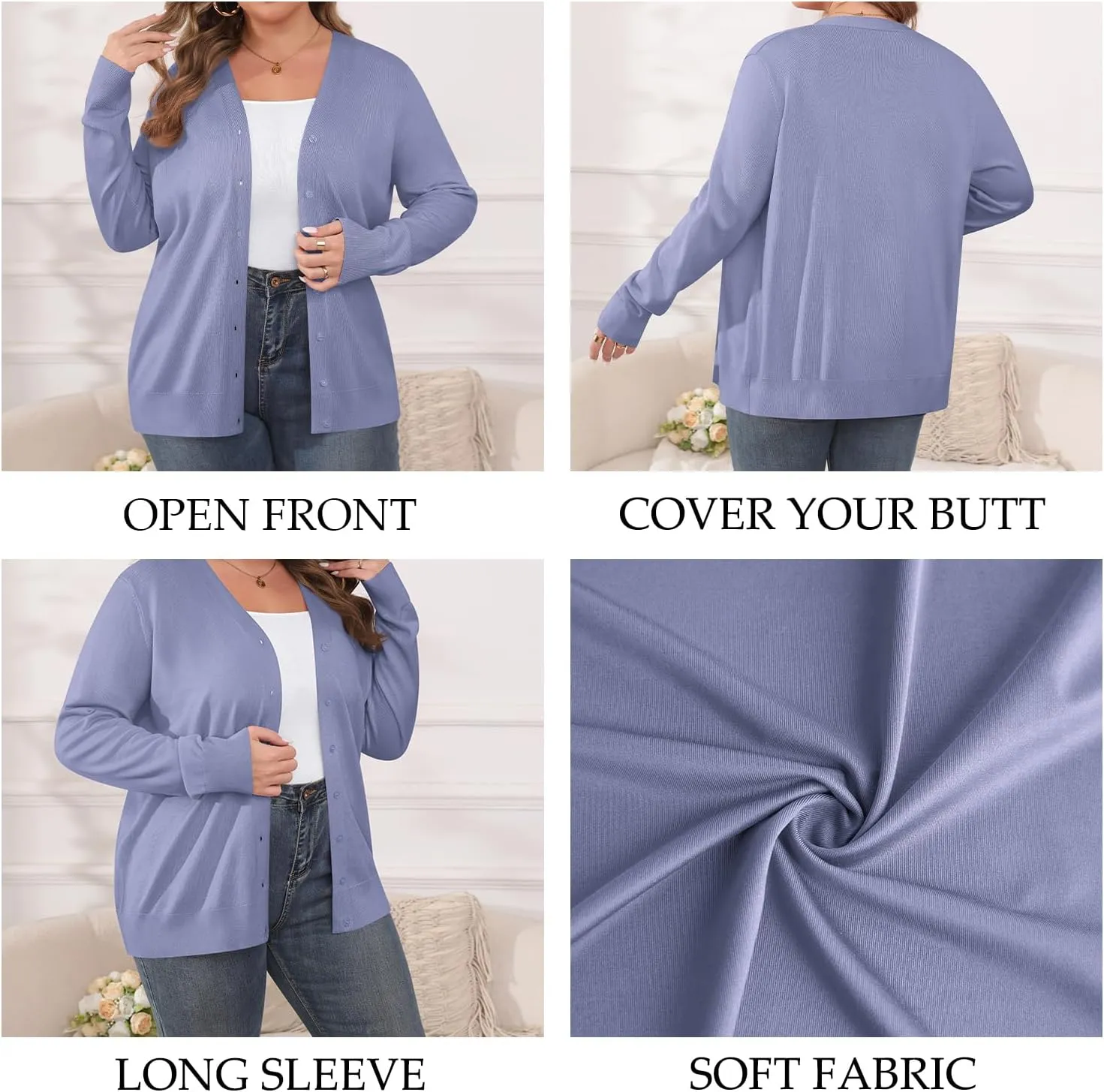 TIANZHU Cardigan Sweaters for Women Plus Size Open Front Long Sleeve V Neck Button Comfy Lightweight Cardigan Casual Coat