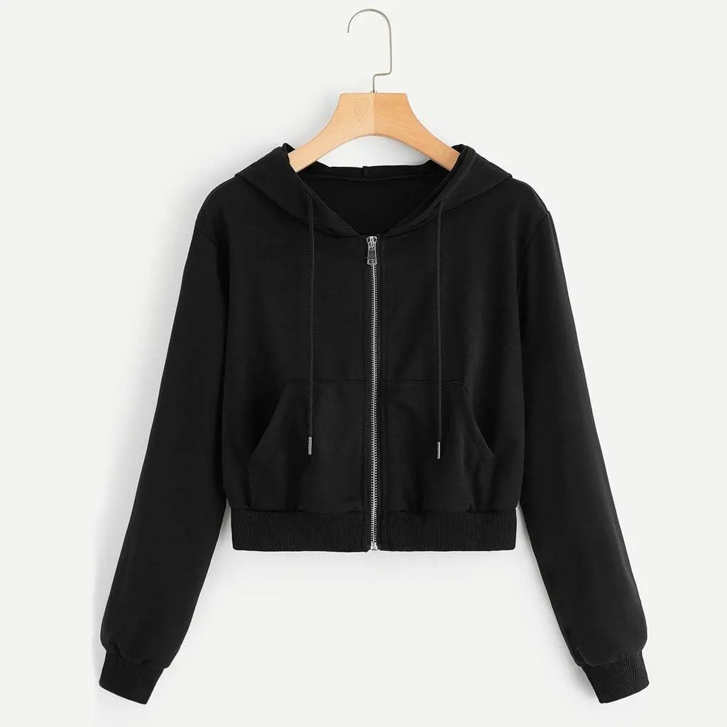 TUNUSKAT Womens Zip Up Hoodie Cropped Sweatshirts Fall Cute Crop Top Jacket Long Sleeve Light Workout Hoodies Gym Sweater