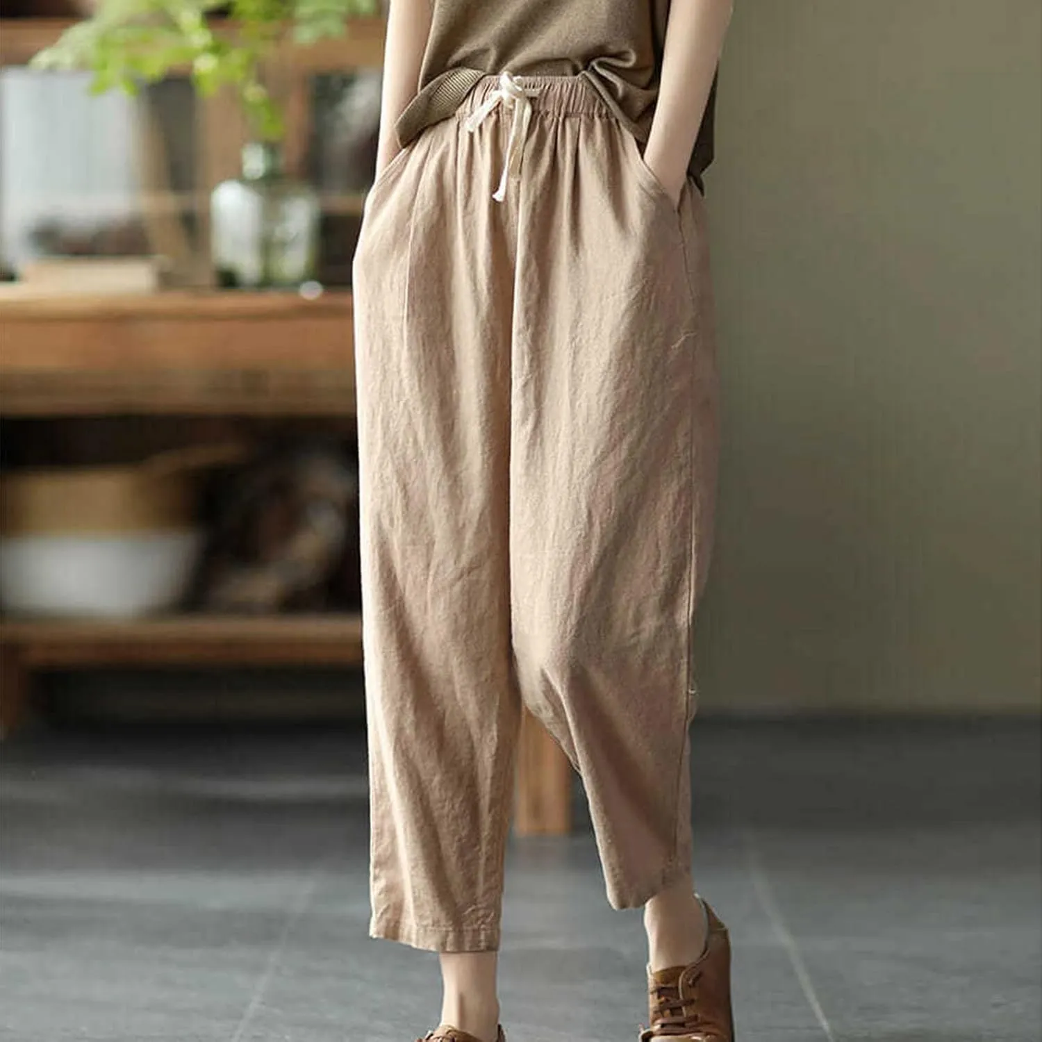 Uillui Womens Cotton Linen Harem Pants Summer Casual Tapered Cropped Baggy Lounge Trouser Lightweight Loose Yoga Capri Pants